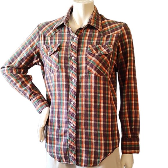 Vintage Tops - 1970s True Vintage Brown Plaid Western Cotton Flannel Shirt Top With Pearl Snaps